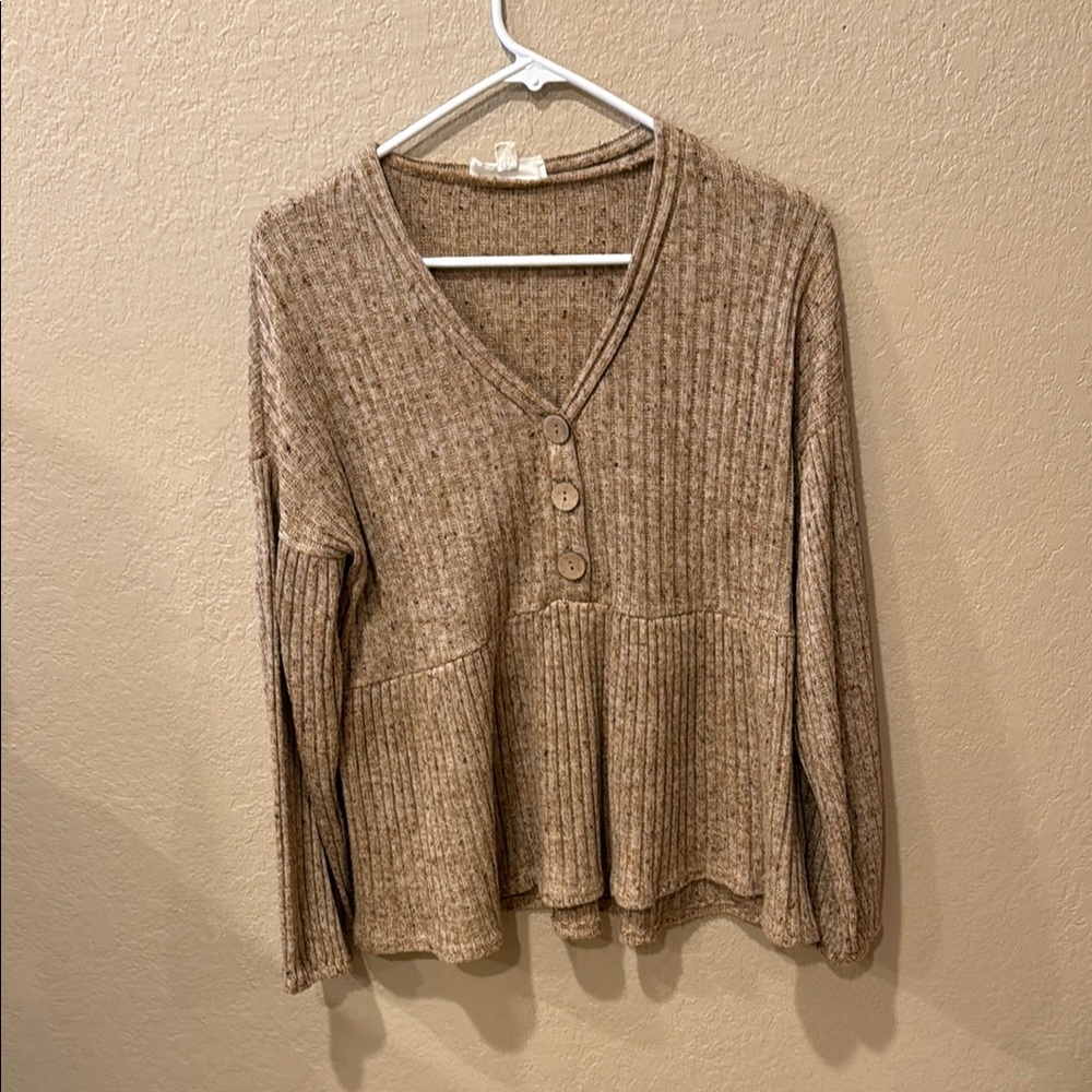 Peach Love California Taupe Ribbed V-Neck Button Sweater